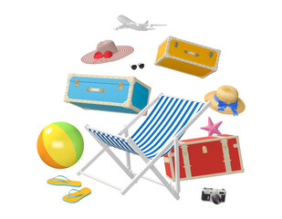 Traveler accessories, beach travel summer holiday vacation accessories on white background with CLIPPING PATH, 3d rendering
