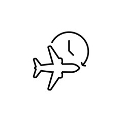 Flight time icon. Travel icon. Travel plane symbol, logo. Timer and air plane icon. Vector on isolated white background. EPS 10