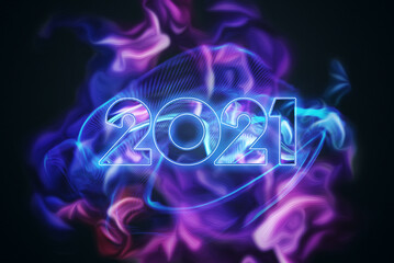 Neon Abstract Numbers 2021, Happy New Year. Elegant multicolored design on a dark background. Typography for 2021, New Years Celebration, Poster Design. 3D illustration.