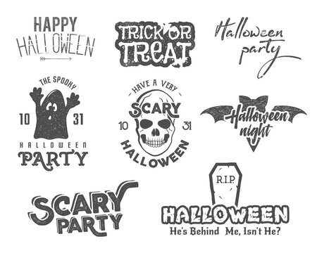 Halloween 2016 party vintage labels, tee designs with scary symbols - ghost, bat, skull and typography elements. Use for party posters, flyers, invitations. Print on t shirt, cards and other identity