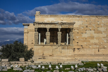 The Erechtheion (or Erechtheum, 406 BC) with Caryatids - ancient Greek temple on the north side of...