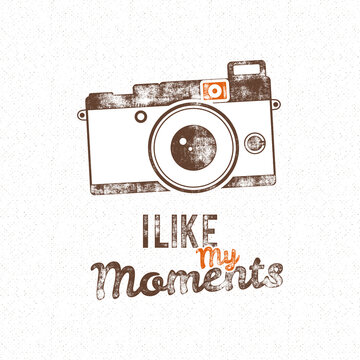 Retro poster with old camera icon and text - i like my moments. Isolated on grunge halftone background. Photography vintage design for t shirt, tee design, web project. Inspiration type.