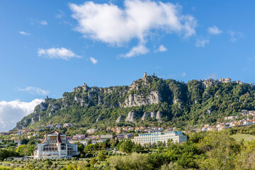 Obraz premium View of the Immaculate Heart of Mary Sanctuary and the fortress of San Marino on Mount Titano