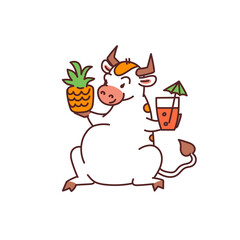 White bull with pineapple and cocktail - chinese new year symbol or logo for kids stickers