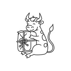 White metal bull sitting with gift - chinese new year symbol or logo for kids stickers