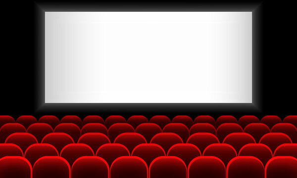Cinema auditorium with screen and red seats. Vector on isolated white background. EPS 10