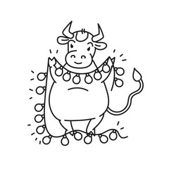 White metal bull with garland lantern - chinese new year symbol or logo for kids stickers