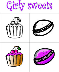 Elements isolated on white background. Vector. Doodle and cartoon. Cupcake with cherries and macaroon. Black and white drawing and color. Cupcake and macaroon. Use in coloring books for children.