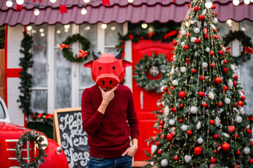 A young man in a bull ox costume is a symbol of the new year against the background of a red car, a...