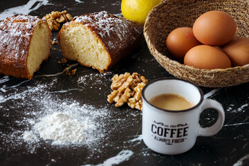 Home made nut cake and ingredients with coffee