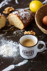 Home made nut cake and ingredients with coffee