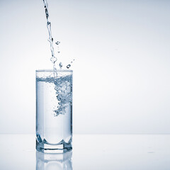 Fresh water pouring into glass on blue background