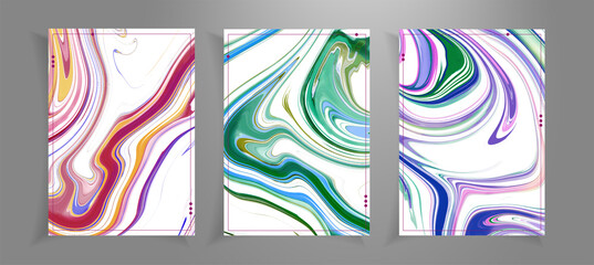 Flyer cards template with multicolor fluid abstract background. Fluid marble texture set. Set of three cards for print and web design. Purple waves