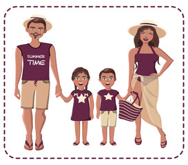 Parents with boy and girl in shorts, pareo, swimwear, hat. vector illustration isolated. Happy latin family portrait. Mother, father, daughter, son, twins.