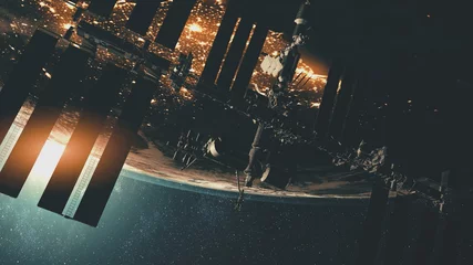 Selbstklebende Fototapeten Internationale Raumstation Nahaufnahme: Erdplanet bei räumlicher Galaxie. Sonnensystemkonzept über Raumschiffe bei Sonnenlichthintergrund. 3D-Animation zur Erkundung der Umlaufbahn. Landschaftsillustration mit weichem Licht © Goinyk