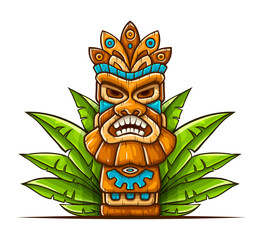 Tiki traditional hawaiian tribal mask with human face in green leaves of tropical plants. Wooden totem symbol, god from ancient culture of Hawaii. Hand drawn in cartoon style, isolated. Illustration. © LoopAll