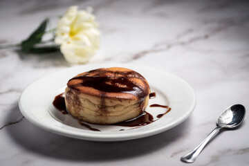 High angle shot of a homemade pie with caramel sauce