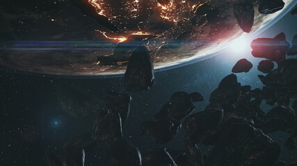 Closeup asteroids at Earth orbit in outer space approach. Spatial sunlight scenery before collision of cosmic stones, rocks at Solar system planet in dark background. Art design illustration close up