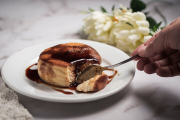 High angle shot of a homemade pie with caramel sauce