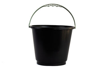 Black bucket, Reinforced for cleaning or construction work, isolated in white background, pail, tube, bailer, container