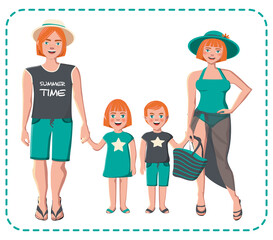 Ginger Parents with boy and girl in shorts, pareo, swimwear, hat. vector illustration isolated. Happy family portrait. Mother, father, daughter, son, twins.