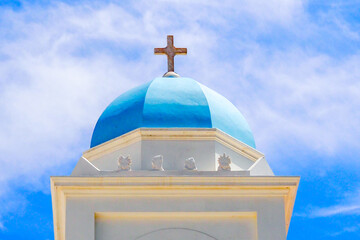 Bell tower of the Orthodox Church of Saint George in the old town of Chora sur Andros, famous...