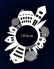 Welcome Small Town cutout silhouette skyline fish-eye stylized isolated white on dark vector. Square welcome postcard