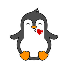 Penguin kiss emoji. Cute penguin sending kisses emoticon. Adorable animal character blow kiss with heart. Funny penguin in love. Romantic kawaii south pole bird. Vector illustration, flat, clip art