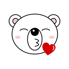 Polar bear kiss emoji. Cute polar bear sending kisses emoticon. Cute animal character blow kiss with heart. Funny white bear in love. Romantic kawaii ice bear. Vector illustration, flat, clip art. 