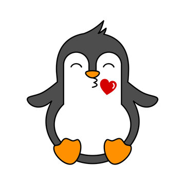 Penguin Kiss Emoji. Cute Penguin Sending Kisses Emoticon. Adorable Animal Character Blow Kiss With Heart. Funny Penguin In Love. Romantic Kawaii South Pole Bird. Vector Illustration, Flat, Clip Art