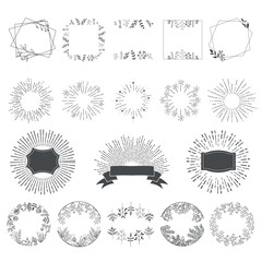 Hand Drawn Collection of Floral Frames and Sunburst. Square and Round Frames with Herbs and Flowers for logos, scrapbooking, web banners, wedding invitation cards, etc