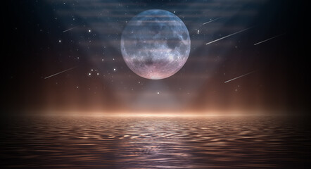 Night futuristic landscape, seascape, reflection in the water. Empty night scene. 3D illustration.