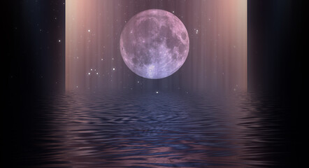 Night futuristic landscape, seascape, reflection in the water. Empty night scene. 3D illustration.