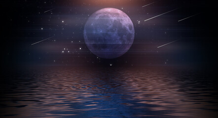 Night futuristic landscape, seascape, reflection in the water. Empty night scene. 3D illustration.