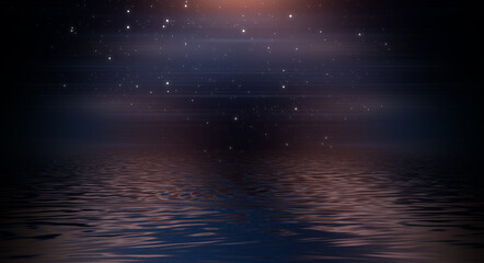 Fototapeta na wymiar Night futuristic landscape, seascape, reflection in the water. Empty night scene. 3D illustration.