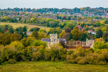 Fototapeta na wymiar A panorama view from St Catherines Hill at Winchester, UK in Autumn