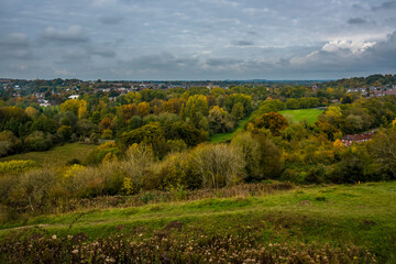 Fototapeta na wymiar A panorama view north from St Catherines Hill towards Winchester, UK in Autumn