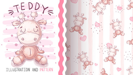 Cute teddy giraffe - seamless pattern.