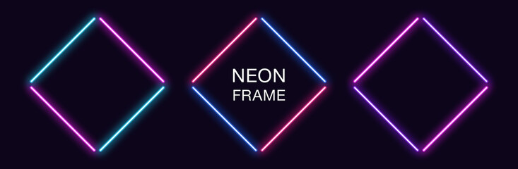 Fototapeta na wymiar Neon rhomb Frame. Set of rhombus neon Border in 4 outline parts. Geometric shape
