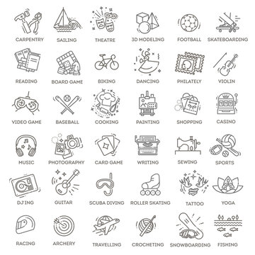 Hobbies and interest detailed line icons set in modern line icon style