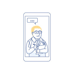 Male therapist on chat in smartphone messenger online consultation. Ask doctor concept with checklist. Online medical advise consultation service tele medicine cardiology Flat line vector illustration