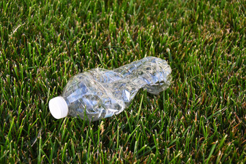 Obraz premium An image of an empty plastic drinking bottle left as litter on the ground. 