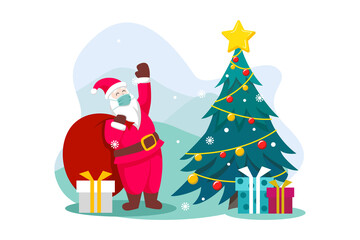 Flat illustration of Santa Claus in pandemic design for greeting card. Vector illustration