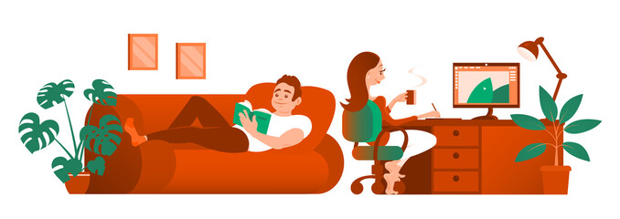 Fototapeta premium Married couple have a rest at home. A man lies on a sofa and reads a book. Girl creates graphic design on the computer. Favorite hobby. Vector cartoon banner illustration.