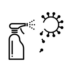 Antiseptic spray for disinfecting hands and surfaces. Prevention against coronavirus infection. Vector black and white illustration with lines.