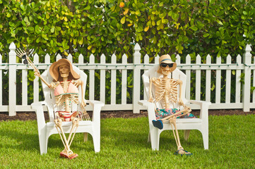 front view, medium distance of two skeletons sitting on lawn chaired as a Halloween display at a tropical residence on coast of gulf of Mexico, on sunny day