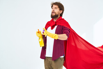 man in red raincoat wearing rubber gloves professional help around the house cleaning