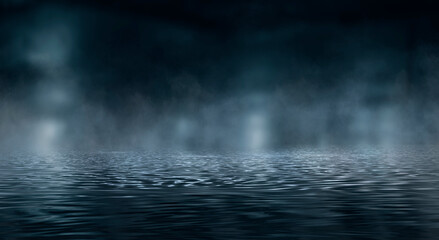 Empty futuristic dramatic scene. Abstract dark landscape, street. Neon light fluid element. Night view, neon blue light. Fantasy background. 3D illustration