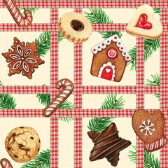 Watercolor high quality gingerbread cookies and checkered ribbon pattern