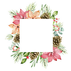 Obraz premium Watercolor christmas geometric frame. New year 2021. Xmas decor.Best for greeting card. Hand painted illustration.